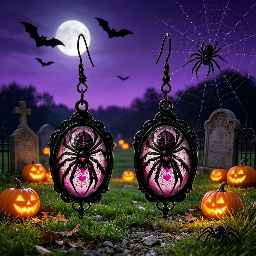 Halloween Gothic Spider Pendant Earrings with Time Gem