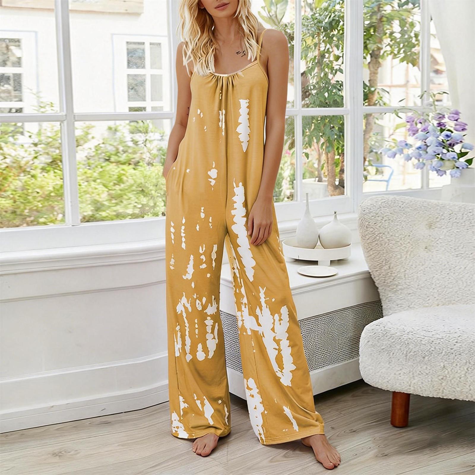 

Women s Casual Strapless Sleeveless Printed High-Waisted Belted Pocket Jumpsuit Pantsuit XL жовтий