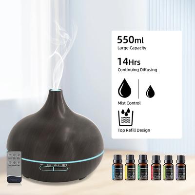 550ml Diffusor für ätherische Öle in Holzmaser-Optik mit Fernbedienung Ultraschall-Kaltnebel-Luftbefeuchter, 7-farbige LED-Leuchten & 6 ätherische Öle