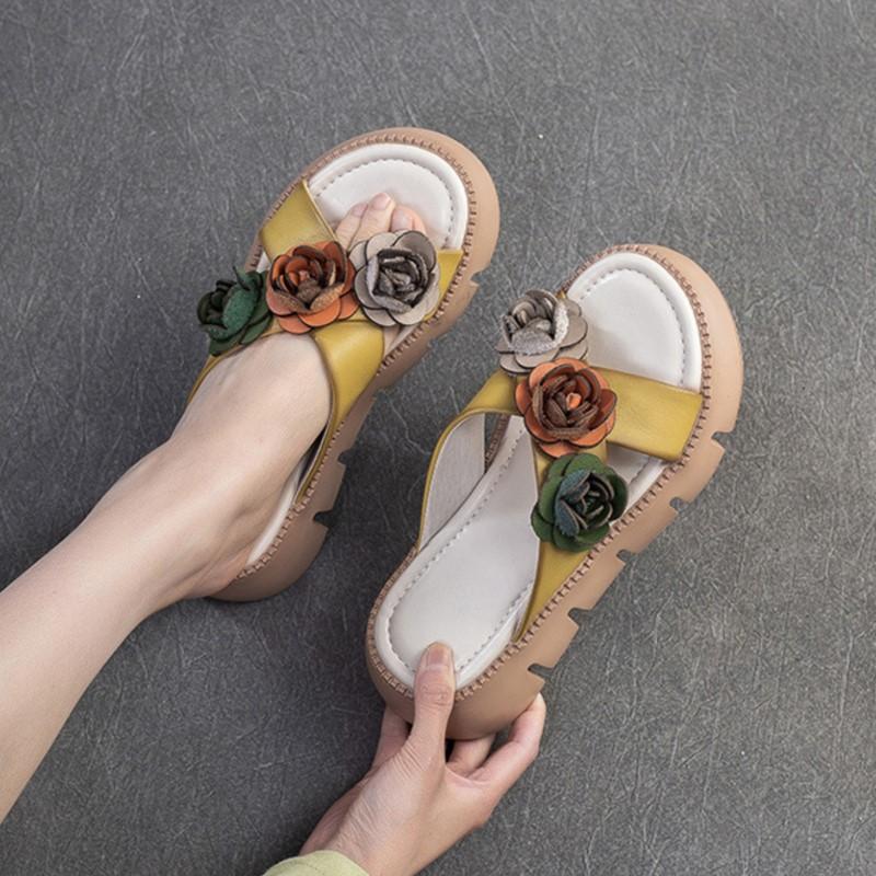 Johnature Handmade Flower Retro Women's Peep Toe Shoes Lightweight Thick Soled Genuine Leather Outdoor Slippers