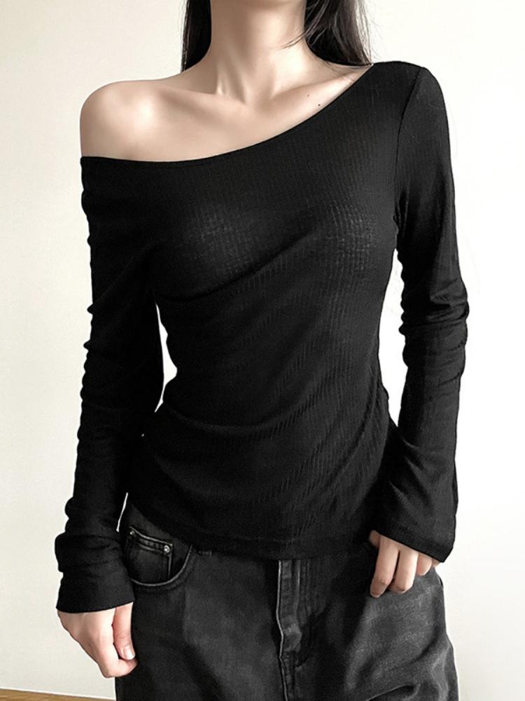 Women Autumn Long-sleeved Slash Neck Crops Tops Elastic Sexy Slim Backless T-Shirts Female New Fashion Lace-up Solid Top Tees