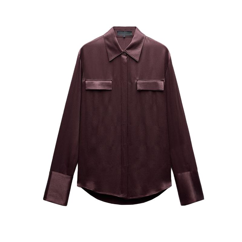 Fall and Winter New Women's Clothing Fashion Style Loose Lapels Pocket Silk Satin Texture Long Sleeves Shirt 8987213