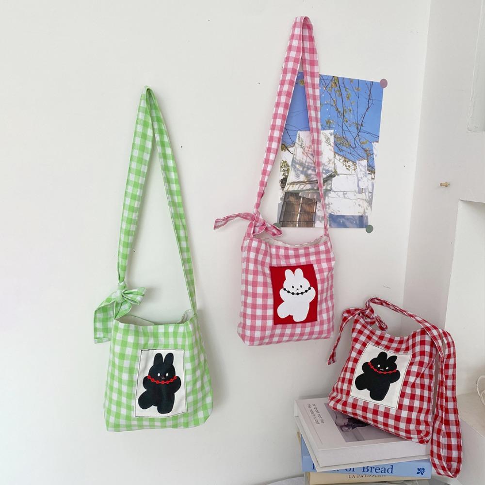 

Embroidered Crossbody Cloth Pouch Cartoon Canvas Phone Bag Pink Rabbit Plaid Shoulder Bag Shopping зелений