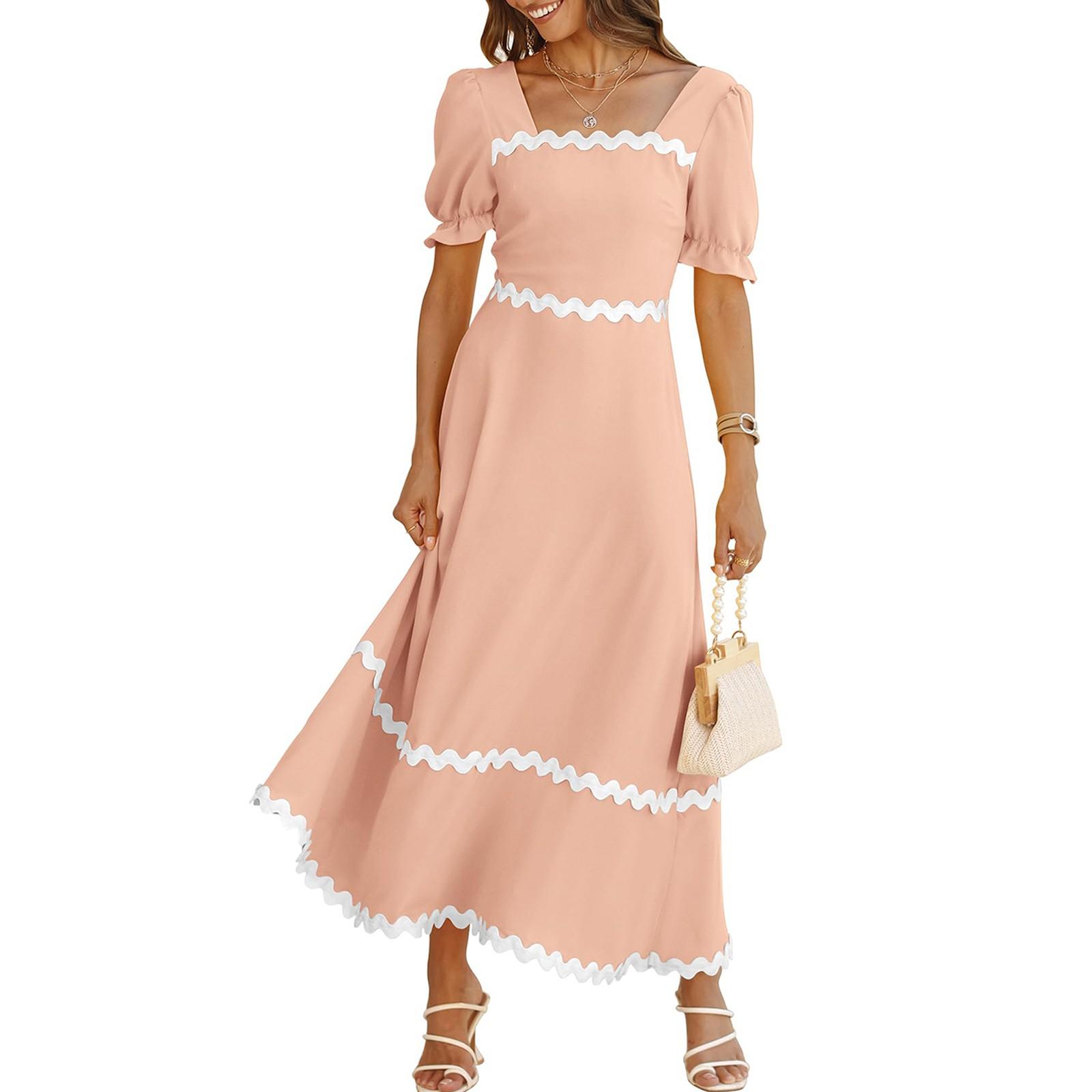 

Женское однотонное платье с квадратным вырезом и короткими пышными рукавами, повседневное платье трапециевидной формы с завязками на спине и струящимися рукавами-пузырьками XL розовый