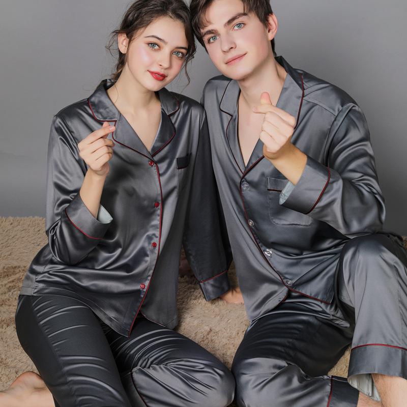 Silk Couple Pajamas: Women's & Men's Long Sleeve Plus Size Set for Spring and Autumn