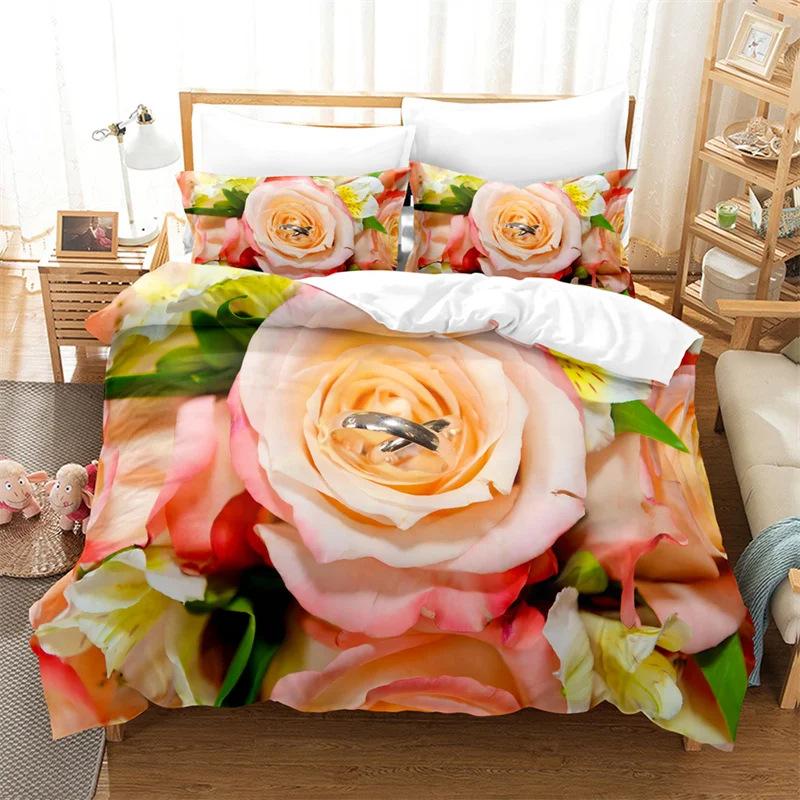 Deluxe Rose Queen Bedding Set Beautiful Flower Duvet Set Romantic Flower Three-Piece Set