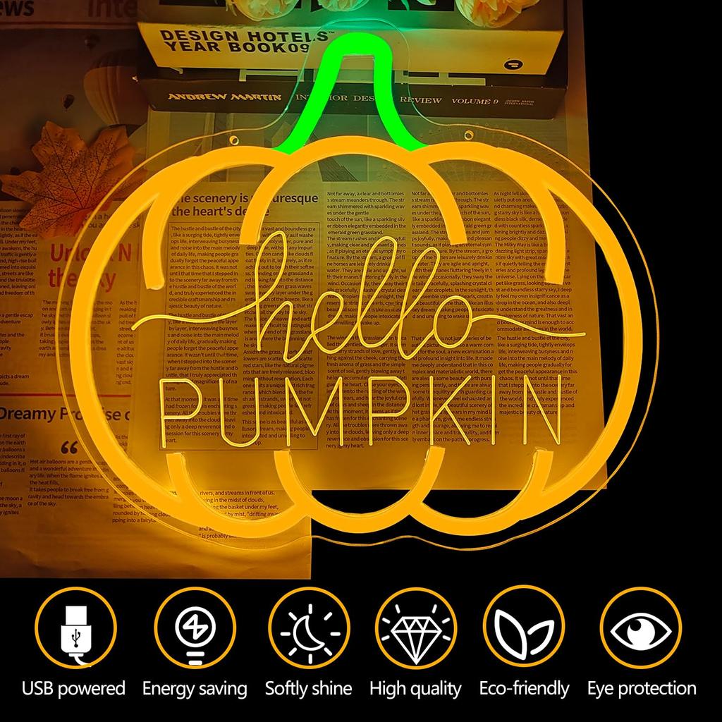 Hello Pumpkin Neon Dimmable Autumn Light for Bedroom Wall Fall Thanksgiving Decorations Party Home Front Door Harvest Gift