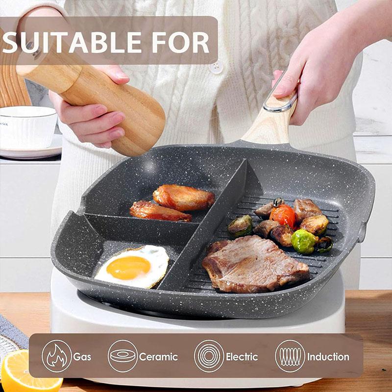 29cm Nonstick Square Grill Pan 3-Section Griddle Skillet Pan Induction Large Breakfast Skillet for Egg Bacon Burgers Cooking Pan