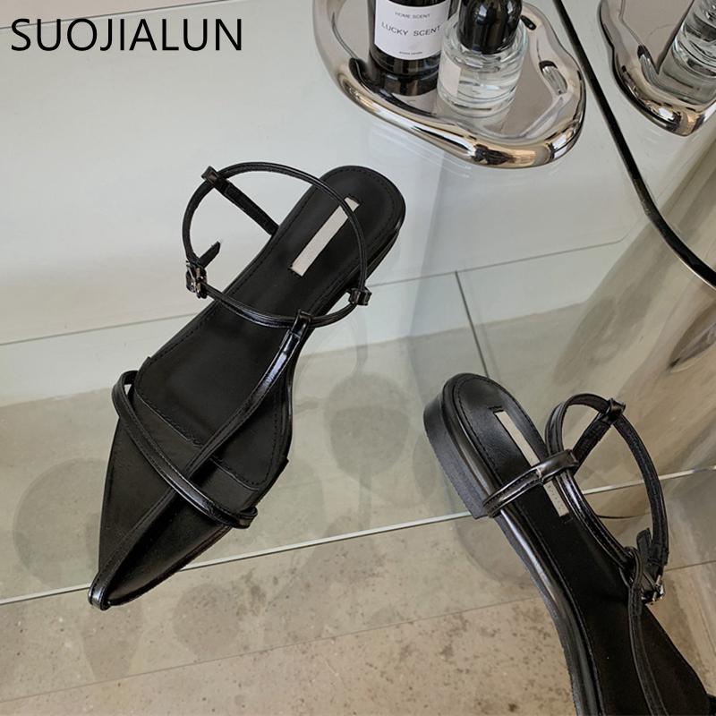 Fashion SUOJIALUN 2025 New Brand Women Sandal Fashion Narrow Band Flat Heel Ladies Gladiator Shoes Pointed Toe Ankle Buckle Zapatos Muje