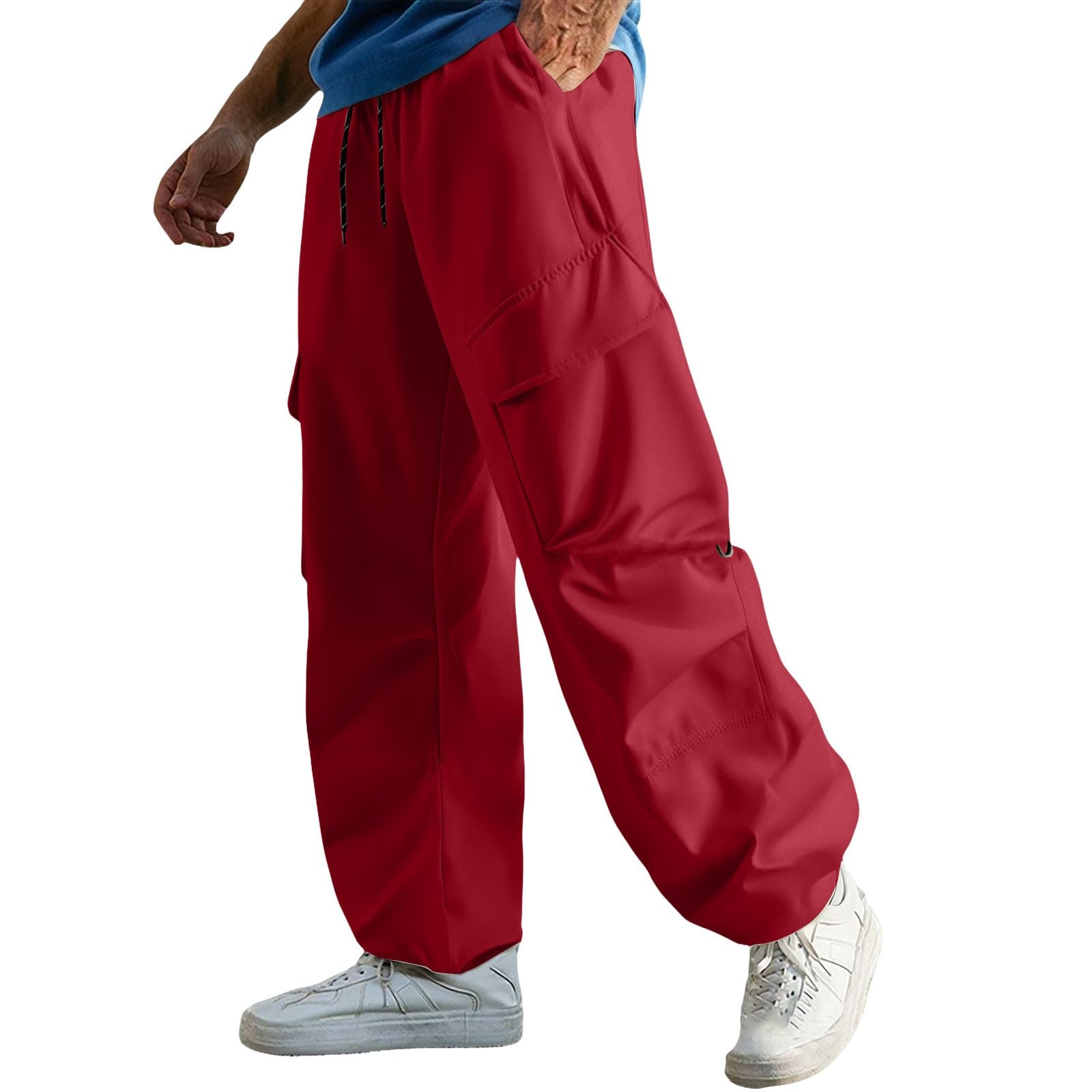 

Men s Outdoor Loose Leisure Waterproof Windbreaker Pants Multiple Pockets Workwear Mountain Climbing Pants L красный