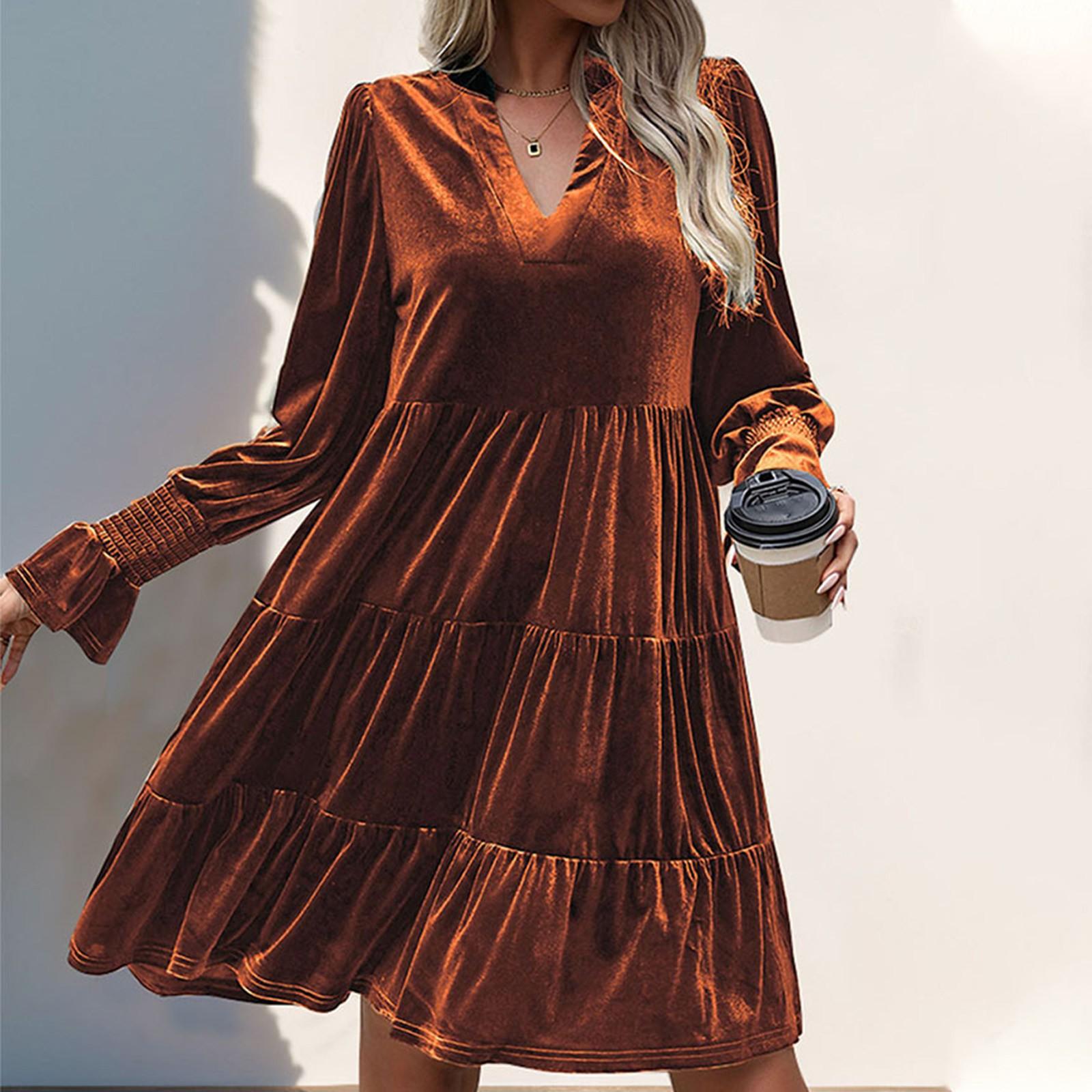 

Осеннее женское платье из бархата с V-образным вырезом и длинными рукавами для женщин XL оранжевый