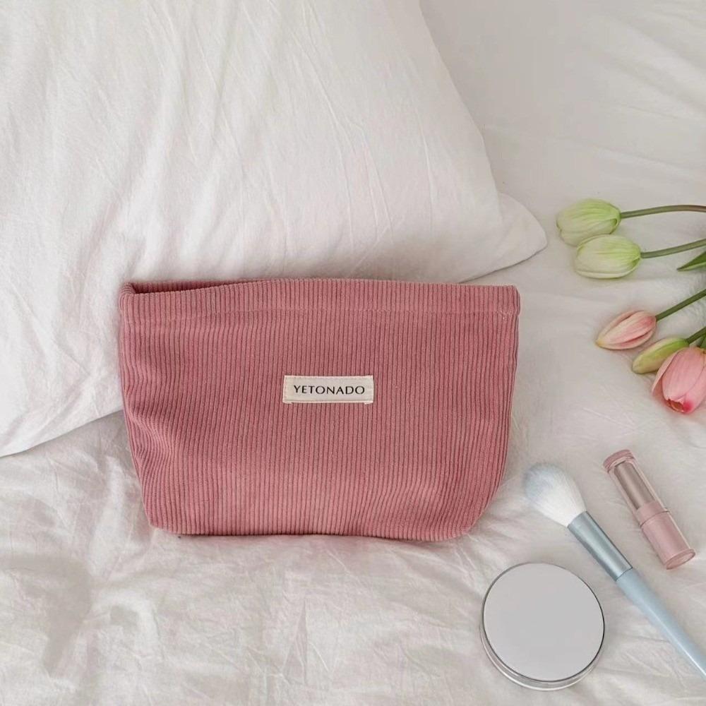 Simple Solid Color Cosmetic Bag Corduroy Multifunctional Storage Bag with Zipper Large Capacity Toiletry Bag Women