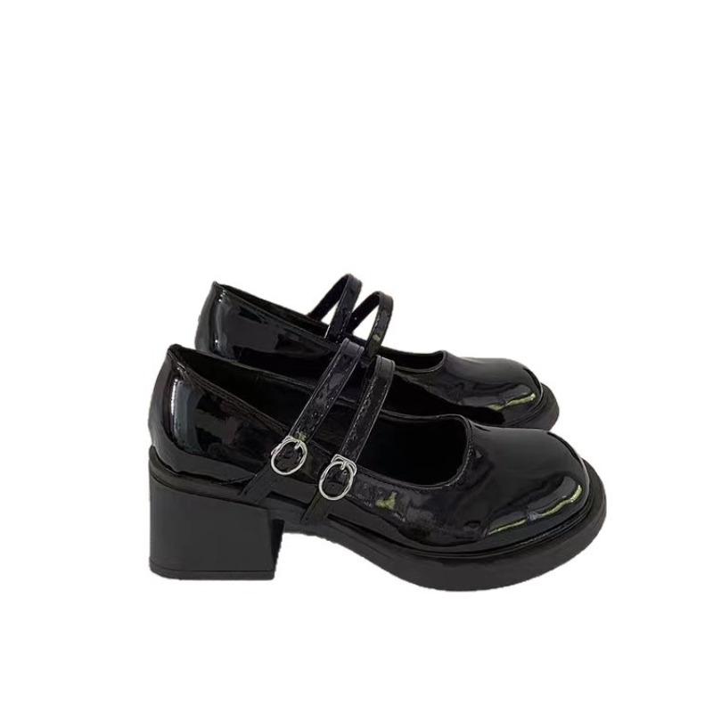 Mary Jane Small Leather Shoes Women's New Autumn Versatile One-word Buckle with Thick-soled Thick-heeled High-heeled Single Shoes