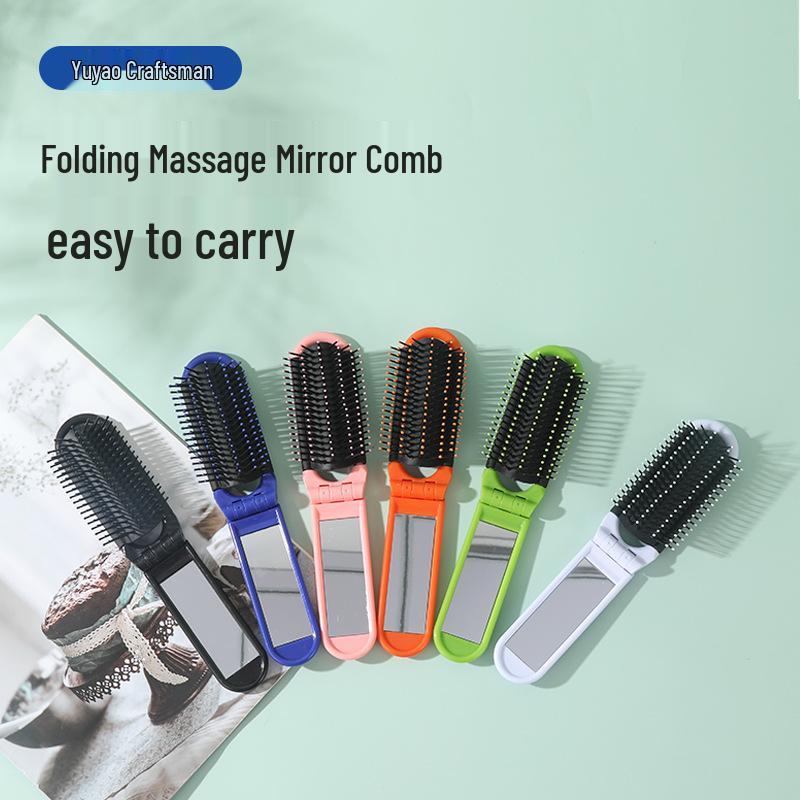 Portable Folding Mirror & Massage Comb for Girls - Travel-Friendly Hair & Makeup Accessory