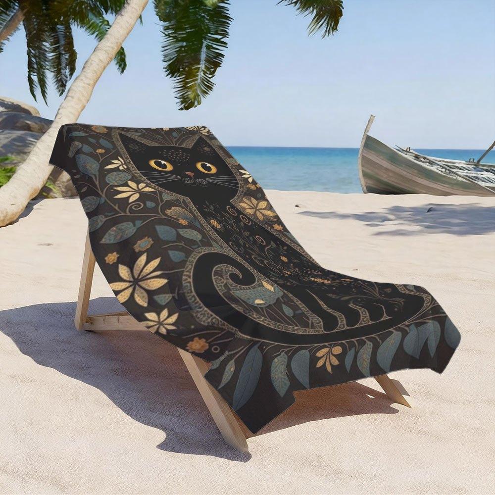 Sommerurlaub Strandtuch 1 Stück Mikrofaser 2D Flach Bedruckt Sanddicht Wasserdicht Mystische Katze Floral Reise Meeresmatte