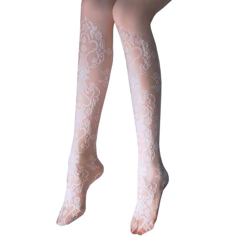 Weiße, hauchdünne Seidenstrümpfe mit hohlem Blumenmuster und Spitze, sexy Print, elegante Modestrumpfhose