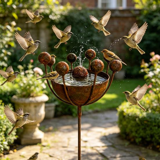 Vintage Metal Bird Bath, Bee Water Bowl, Freestanding Stake Feeder, Rust-proof Weather-resistant Outdoor Ornament with Built-in Drainage, Garden