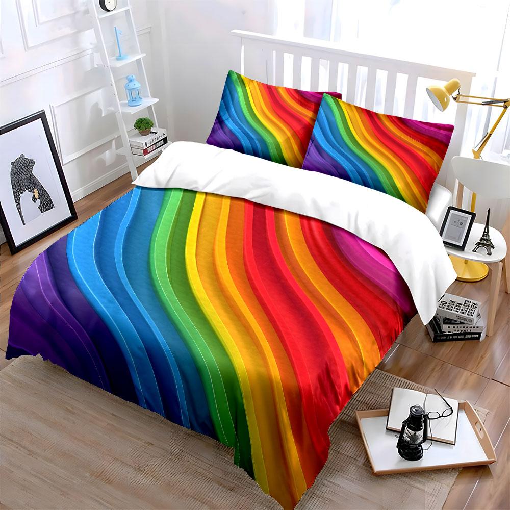 Colorful Rainbow Wavy Pattern. Print Bedding Set 1 Duvet Cover 2 Pillowcases for Adult and Children Luxury Gift Full Size