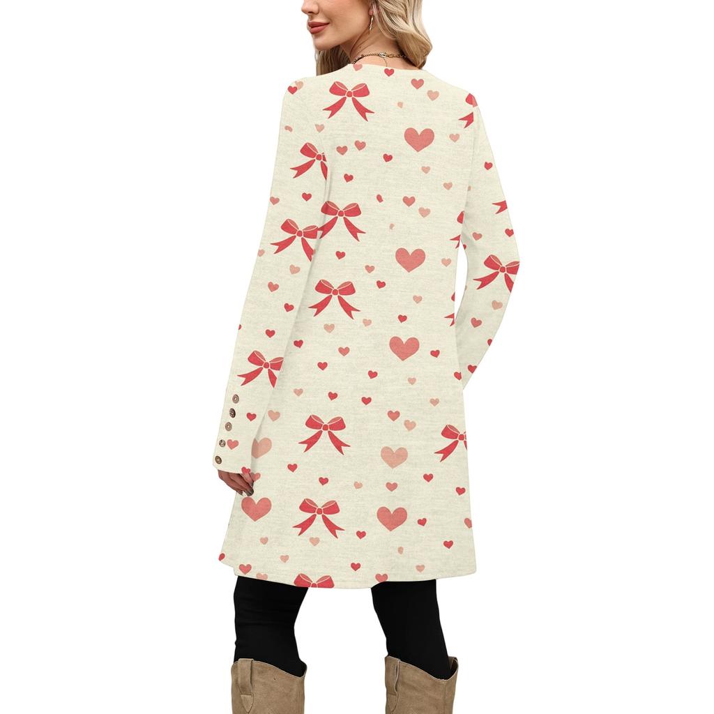 Damenmode lässiges Kleid mit Tasche, dekorativen Knöpfen, Rundhalsausschnitt, langen Ärmeln und Print