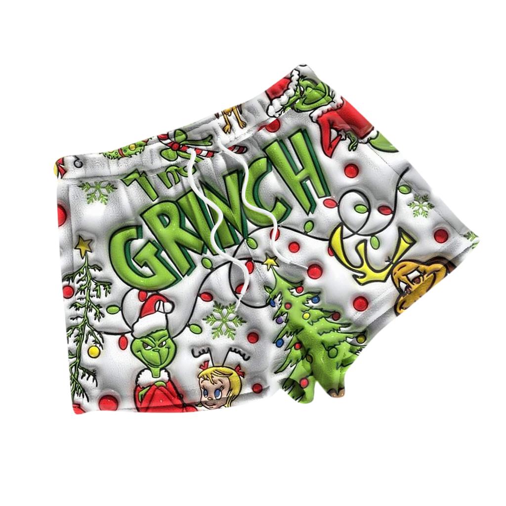 Dámské módní volné pyžamové šortky s fleecovým vánočním potiskem, ležérní kalhoty