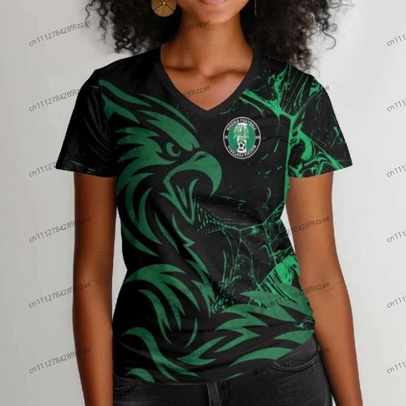 Maglietta da tifoso di calcio ispirata alla Nigeria da donna con motivo aquila verde bianca, scollo a V, manica corta, top casual da tifoso