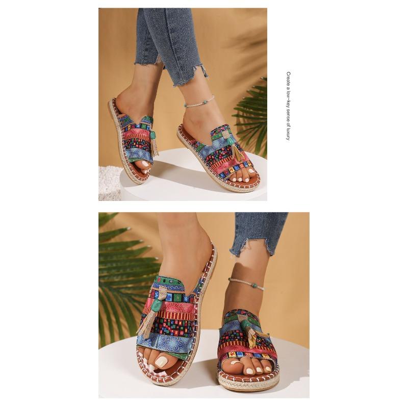 Boho płaskie sandały damskie - Nowość Lato 2025 z frędzlami - Rozmiar 43 Sandały plażowe