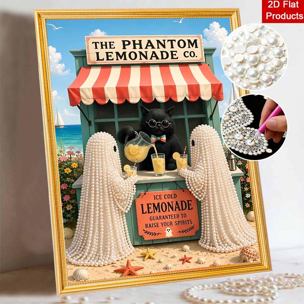 Halloween pearl painting handmade diy art black cat lemonade stand seaside floral pearl home decoration painting