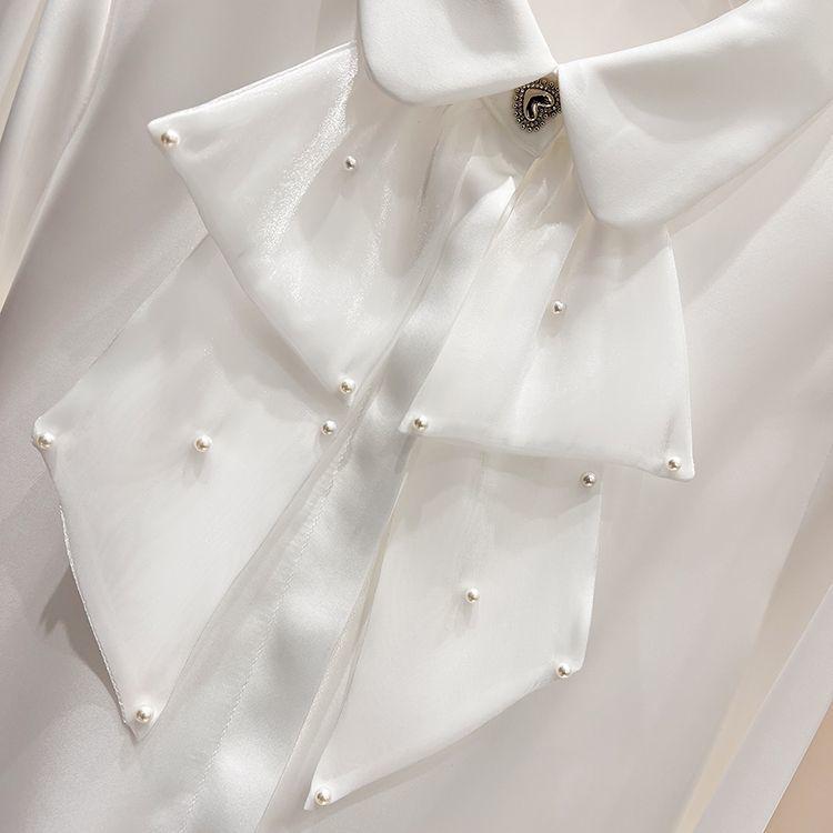 2024 Koreanischer Stil Rüschen Perlenbesetztes Revers Langarm Chiffon Top für Damen