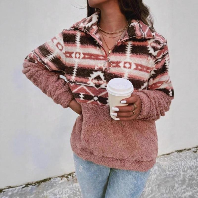 

Европейский Американский Осень Зима Новое Поступление Толстовка Флис с Полумолнией Повседневное Пальто Геометрический Узор Воротник-стойка Топ Женский S розовый