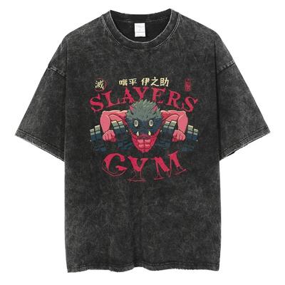 Men's Black Washed Anime Graphic T-shirt, Harajuku Streetwear, Summer Cotton T-shirt, Short Sleeve Vintage T-shirt