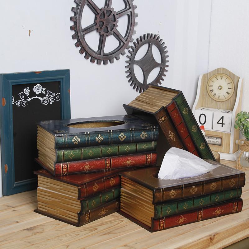 Creative Wooden Tissue Box Vintage Book Box Shape Tissue Box Art Restaurant Tissue Storage Box Ornament