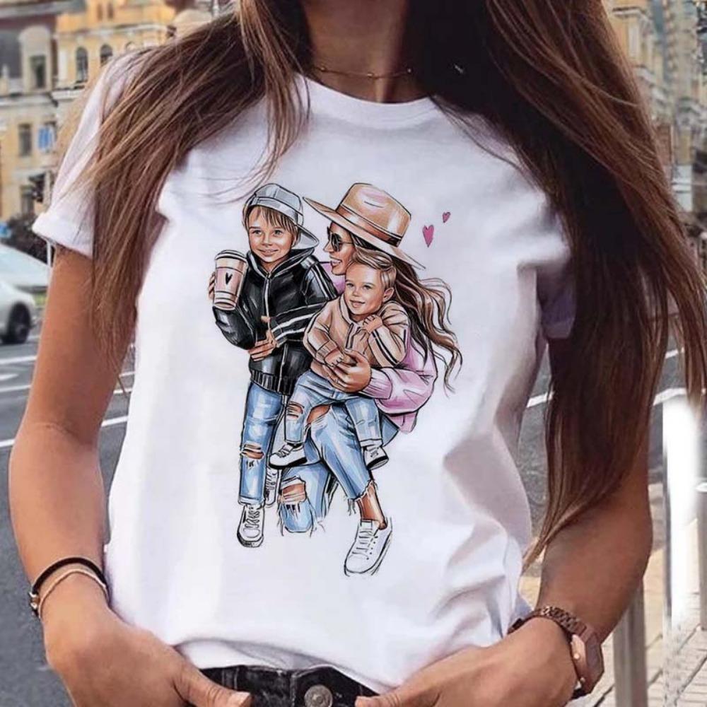 Maycaur Women T Shirt Cartoon Mom with Sons Shirt Fashion Print Casual Woman Tee Ladies Female T-shirt Short Sleeve T Top Shirt