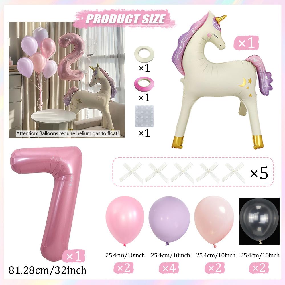 20pcs Standing Unicorn Horse Balloon Set 32 Inch Pink Number 0-9 Foil Balloons Standing Pegasus Birthday Party Decoration