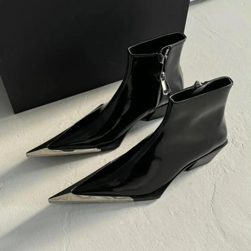 Soleist Reißverschluss Seite Mode Damen Stiefeletten Metall Spitze Damen Schuhe Grober Absatz Western Cowboy Stiefel