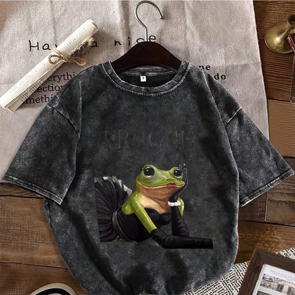 Grappige Kikker Meme Washed Black T-shirts Bob Kapsel Glamoureuze Ballerina en Toilet Kikker Prints voor Fans