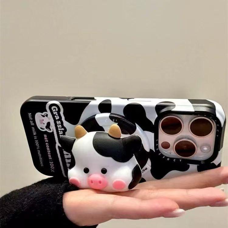 Cute 3D Cow For Magsafe Griptok Phone Holder Support For iPhone 15 16 17 Foldable Wireless Charging Case Stand Girl Bracket 5