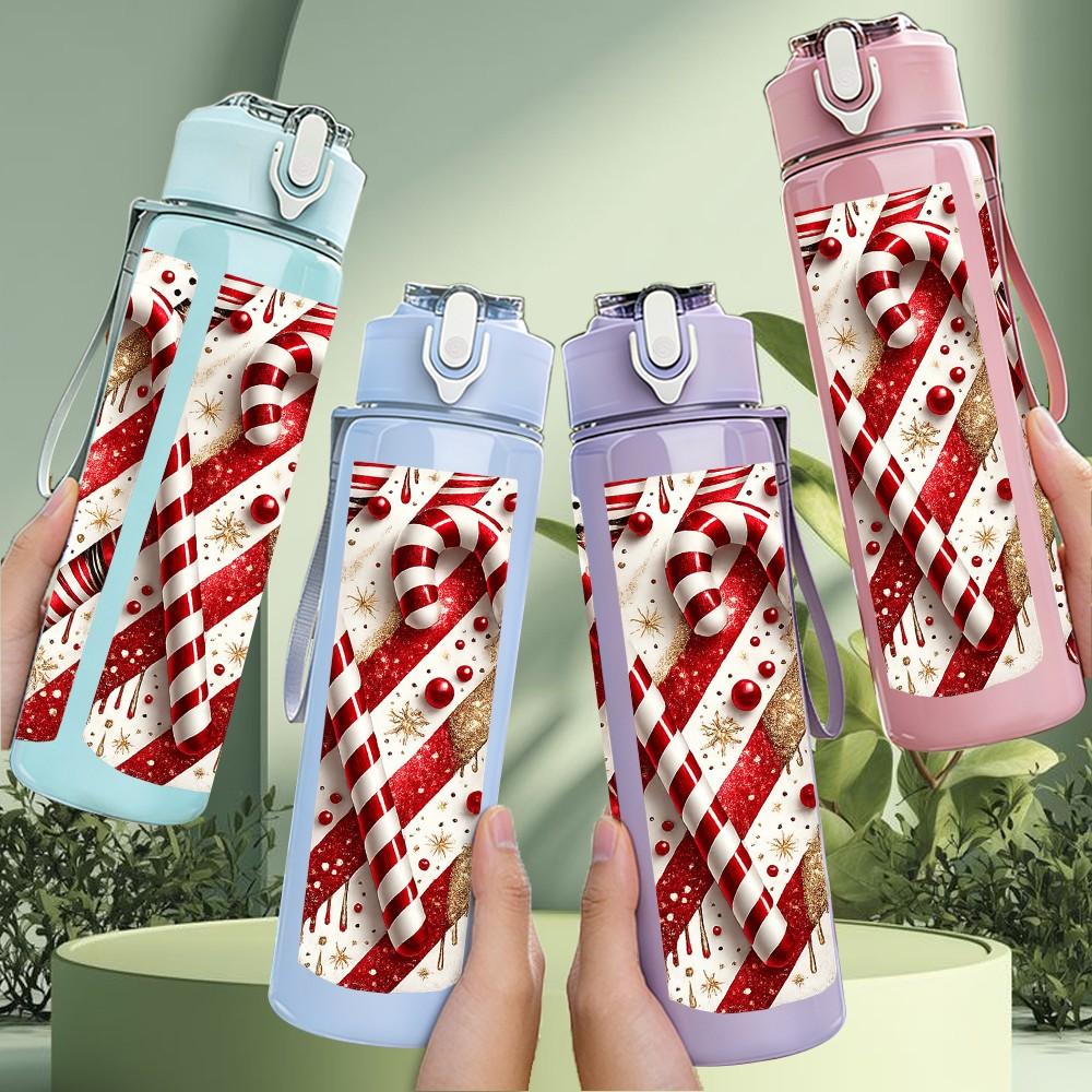 1PC Christmas Candy Cane Strip Print 750ml Color Plastic Sports Water Bottle Leakproof Flip Straw Lid Suitable for Sports Office Home Use