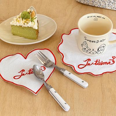 French Embroidered Pet Tableware Mat Pure Cotton Love Flower Trimmed Tabletop Decorative Prop Puppy Dog Bowl Mats