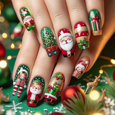 Elegante Weihnachtsnägel mit Weihnachtsmann und Geschenkbox Falsche Nägel Vollabdeckung Winter Acrylnägel für Modefans