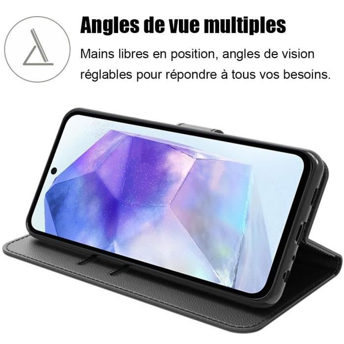 Coque pour Samsung Galaxy A55 5G, Noir, Coque Antichoc en Cuir PU avec Fonction de Porte-cartes
