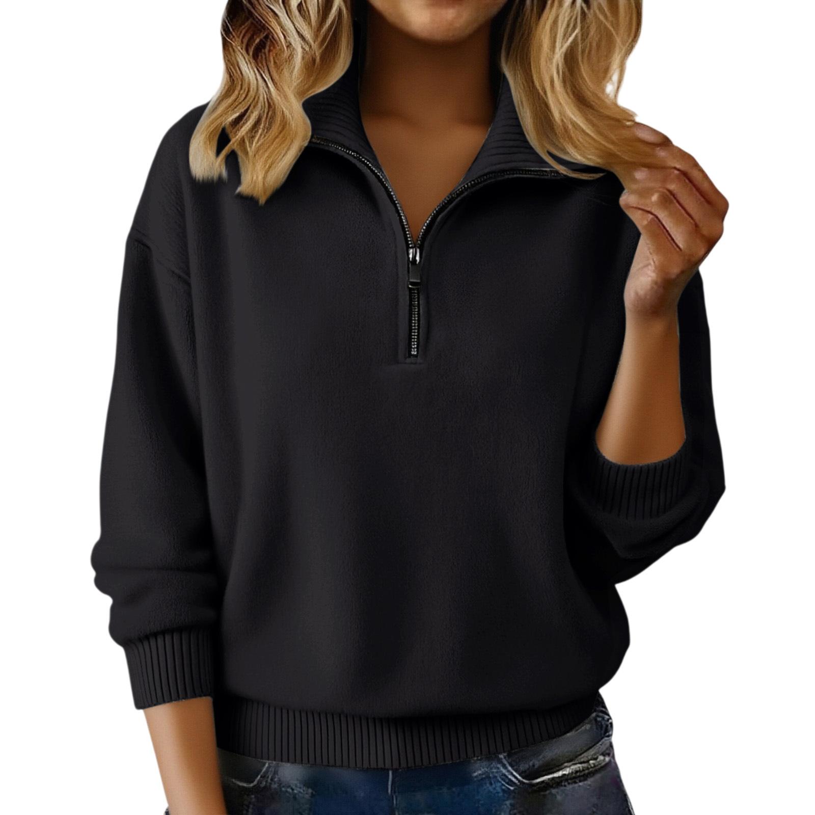 Women S Half Zip High Neck Knit Sweater Loose Fit Casual Autumn Winter S чёрный