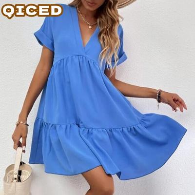 Women's Fashion Summer Spring Solid Color Print Short Sleeve V-Neck Casual Dresses