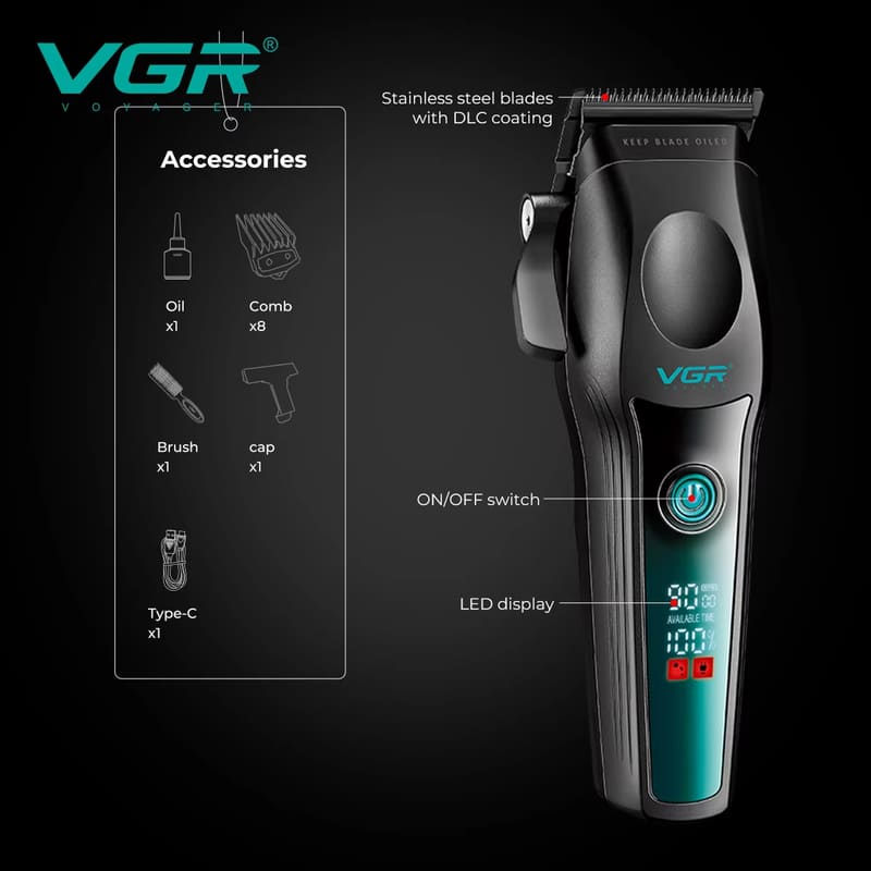 VGR New High-end Durable Hair Clipper Metal Body Titanium Alloy Sharp Blade Hair Trimmer LCD Smart Digital Shaver Personal Care Products