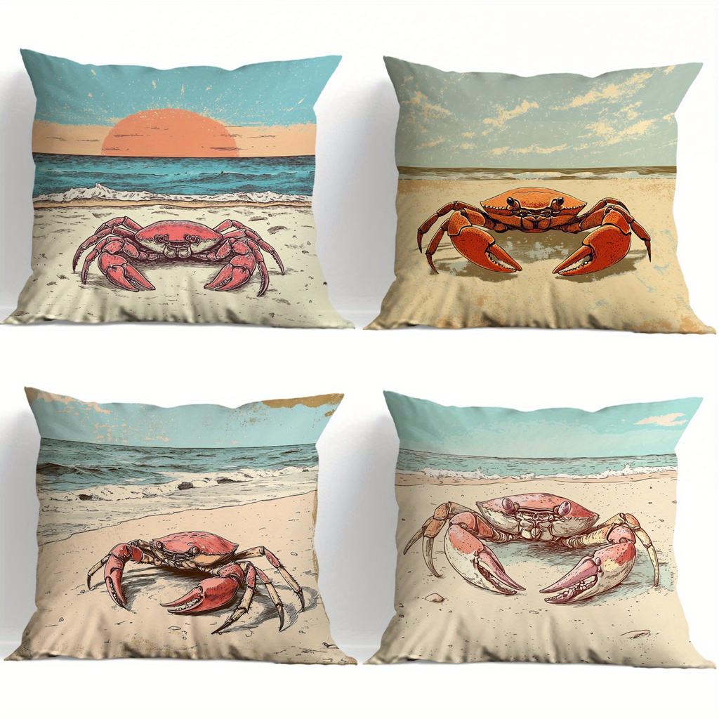 4pcs Beach crab pattern double-sided Printed pillow cover Short plush Suitable living rooms bedrooms sofas throw cushion cover
