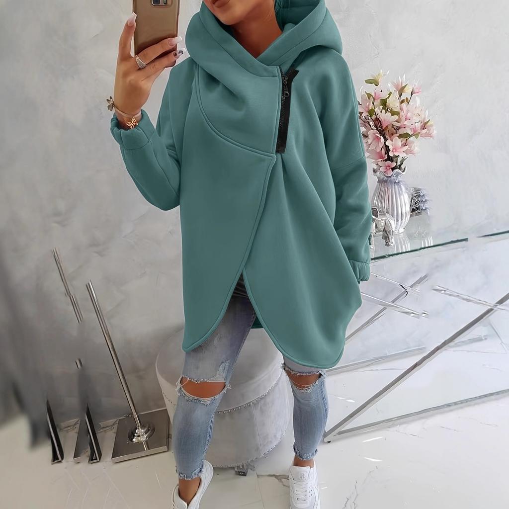 Women's Long Sleeved Casual Black Hooded Jacket Sweatshirt with Front Pocket Zipper Hoodie