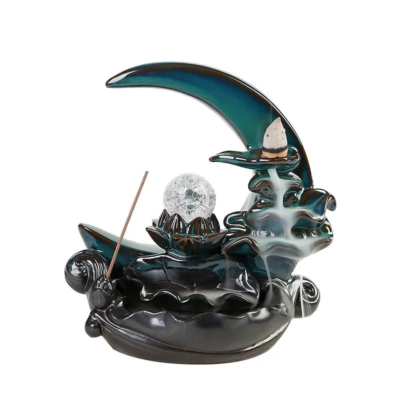 Moonlight Over The Lotus Pond Ceramic Handicrafts Home Ornament Waterfall Backflow Incense Burner Stick Incense Holder