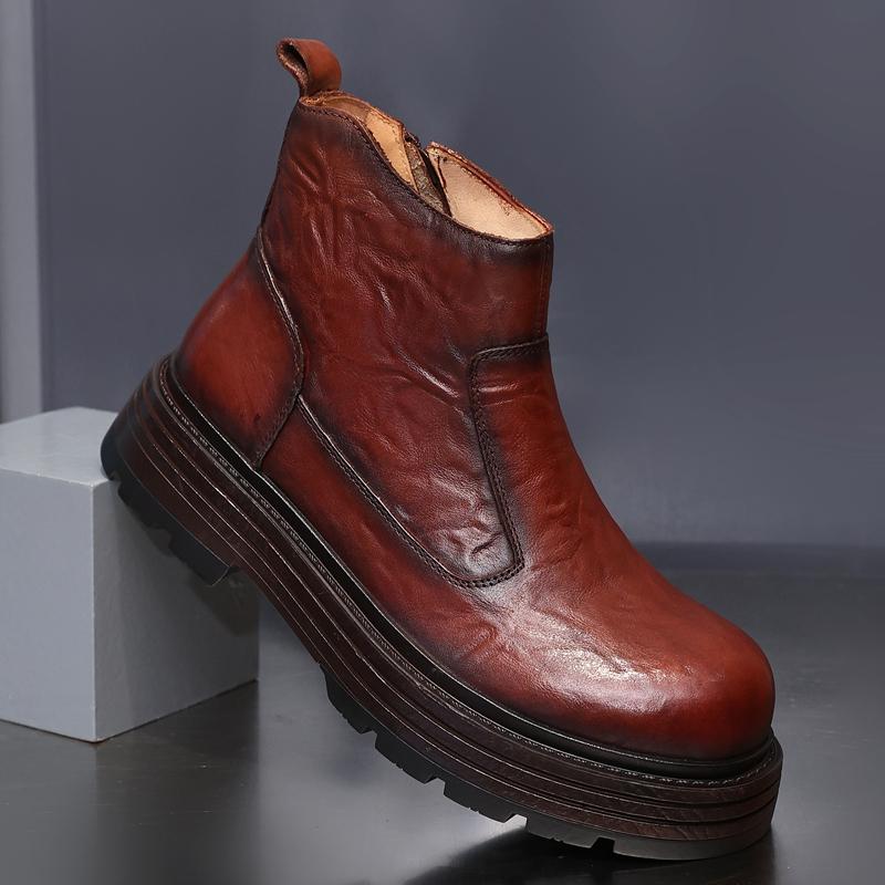 Fashion Golden Sapling New Arrival Men's Motorcycle Boots Winter Genuine Leather Male Streetlish Shoes Non-slip Man Retro Ankle Zip Boot