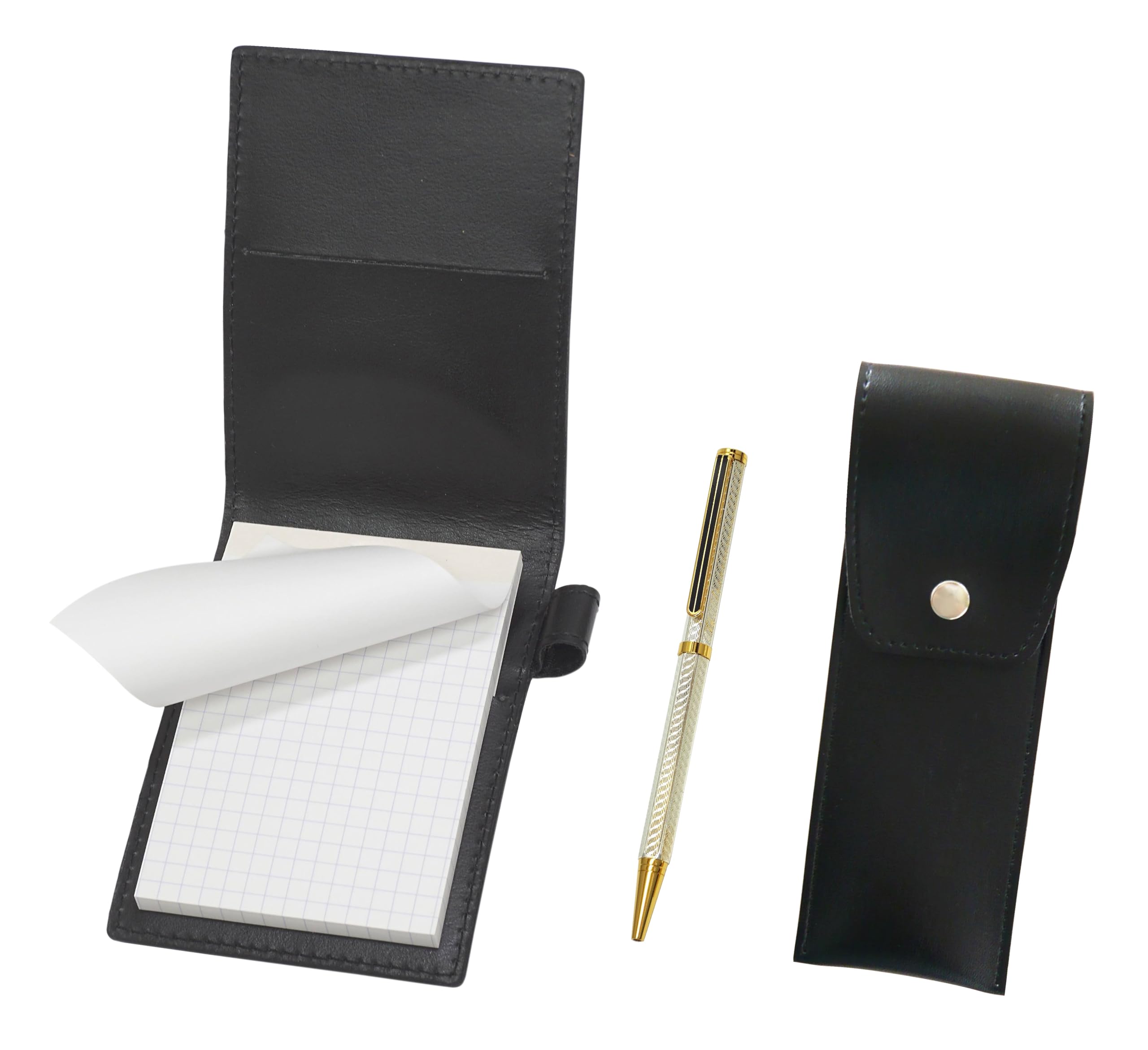 

Recycled cowhide mini notebook cover black with round button pen case black brass hexagonal rotating ballpoint pen set silver LS022PB-BRSB-6KSBP-S