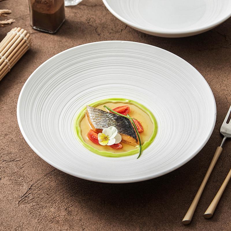 

Creative White Round Striped Ceramic Dinner Plate Soup Bowl Home Fruit Salad Plate Simple Japanese Noodle Bowl Hotel Tableware