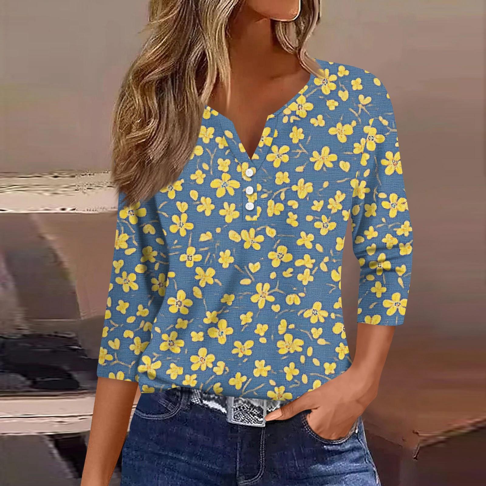 

Women s T Shirt Tee Print Button 3/4 Sleeve Daily Weekend Fashion Basic V Neck Regular Top XL жовтий